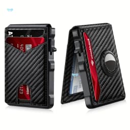 Men's Pop-Up Aluminum-Framed Carbon Fiber PU RFID Blocking Bifold Wallet with AirTag Slot Credit Card Holder Fold Design
