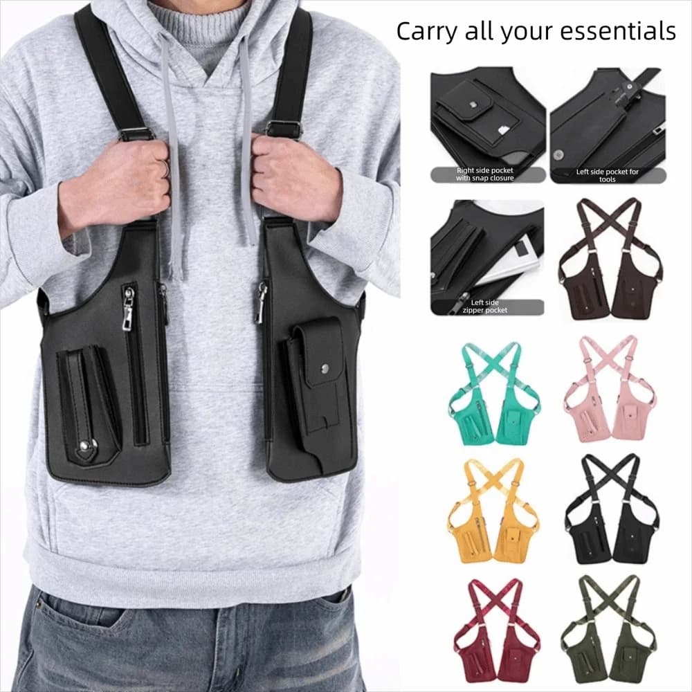 Retro Anti-theft Storage Vest Bag Multi-Pocket Concealed Strap Chest Bag Leather Multifunction Mobile Phone Bag Hunting
