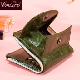 Contact's 100% Genuine Leather Wallet Green Women Small Coin Purse Mini Card Holder Wallets Mini Money Bag for Ladies Carteras