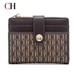 CH Mini Card Holder Women Embossed Full Letter Wallet Snap Closure Multi Card Slot Zipper Coin Bag Portable Female Small Purse