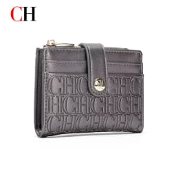 CH Mini Card Holder Women Embossed Full Letter Wallet Snap Closure Multi Card Slot Zipper Coin Bag Portable Female Small Purse