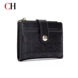 CH Mini Card Holder Women Embossed Full Letter Wallet Snap Closure Multi Card Slot Zipper Coin Bag Portable Female Small Purse