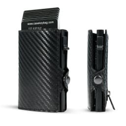CASEKEY Carbon Fiber Protector Credit Card Holder Tarjetero Hombre RFID Leather Single Box Smart Wallet Slim Pop Up Card Case