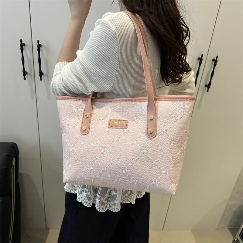Minimalist Tote Shoulder Bag for Women, Sweet Lace Large Capacity Handbag with Leather Strap, Casual Underarm Purse,For Commute