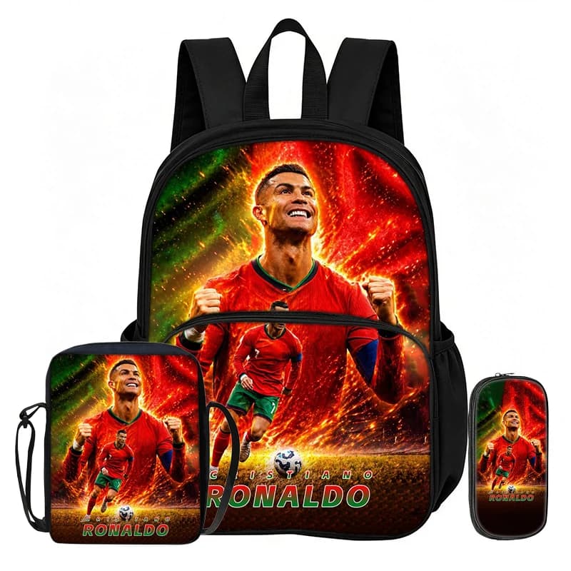 3Pcs set with Front Pocket Backpack Ronaldo Learn, Travel Football Star Shoulder Bags, Pencil Bag, Sport School Bags