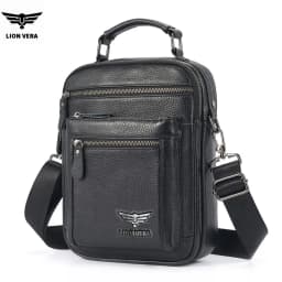 LION VERA Men's Shoulder Bag Casual Mobile Phone Zipper Bag Large Capacity Business Genuine Leather Travel Crossbody Bag