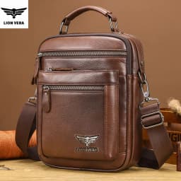 LION VERA Men's Shoulder Bag Casual Mobile Phone Zipper Bag Large Capacity Business Genuine Leather Travel Crossbody Bag