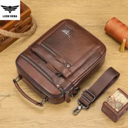 LION VERA Men's Shoulder Bag Casual Mobile Phone Zipper Bag Large Capacity Business Genuine Leather Travel Crossbody Bag