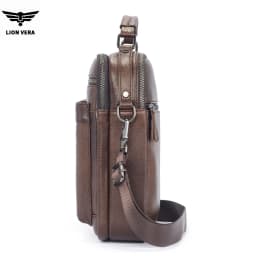 LION VERA Men's Shoulder Bag Casual Mobile Phone Zipper Bag Large Capacity Business Genuine Leather Travel Crossbody Bag