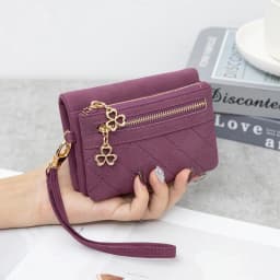Retro Bi-Fold Women's Wallet Stylish Stitched Diamond Patterned Coin Purse High-Quality PU Leather Short Wallet with Wrist Strap