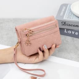 Retro Bi-Fold Women's Wallet Stylish Stitched Diamond Patterned Coin Purse High-Quality PU Leather Short Wallet with Wrist Strap