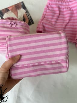 Pink Striped Flip-top Makeup Bag Women Portable Zipper Cosmetic Travel Organizer Girls Cute Sweet Mirror Handbag Toiletry Pouch