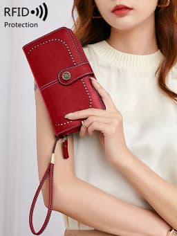 RFID Retro Three Fold Large Capacity Long Wallet Fashionable Solid Color Women's Wallet Multifunctional Zipper Buckle Wallet