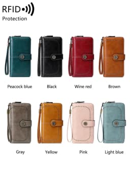 RFID Retro Three Fold Large Capacity Long Wallet Fashionable Solid Color Women's Wallet Multifunctional Zipper Buckle Wallet