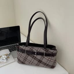 Girls Canvas Plaid Armpit Bag Fashion Checkerboard Grid Tote Handbag Vintage Shoulder Bag Retro Large Capacity Top-Handle Bags