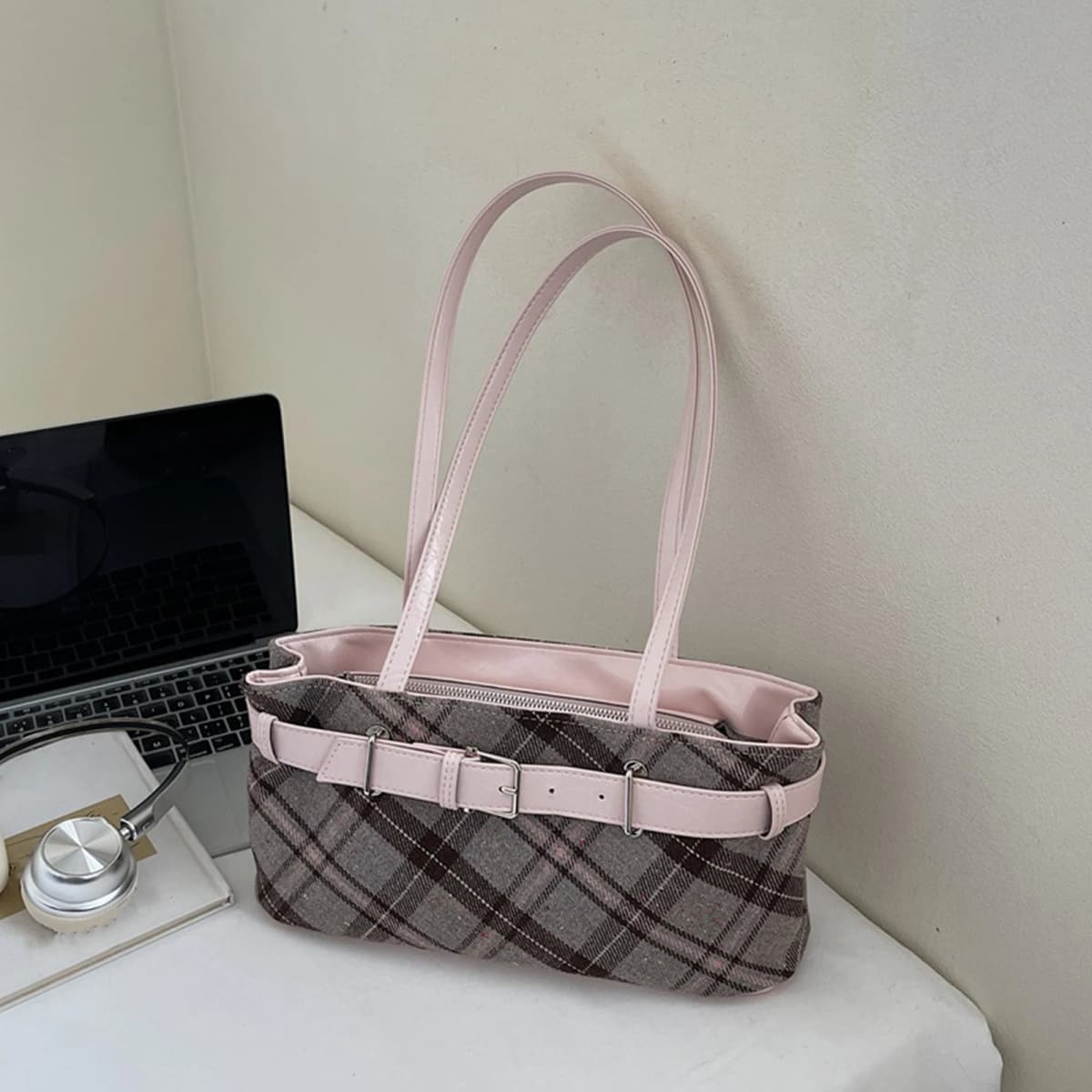 Girls Canvas Plaid Armpit Bag Fashion Checkerboard Grid Tote Handbag Vintage Shoulder Bag Retro Large Capacity Top-Handle Bags