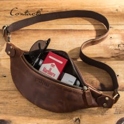 CONTACT'S Genuine Crazy Horse Leather Waist Packs For Men Travel Fanny Pack Single Shoulder Bag for Phone Male Chest Bags 2023