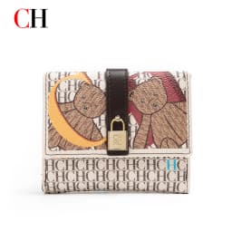 CH Women Short Wallet Vintage Printed Coin Purse Small Leather Wallet Card Holder Foldable Clutch Purse with Lock Buckle