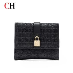 CH Women Short Wallet Vintage Printed Coin Purse Small Leather Wallet Card Holder Foldable Clutch Purse with Lock Buckle
