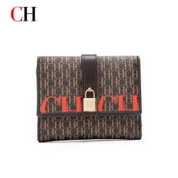 CH Women Short Wallet Vintage Printed Coin Purse Small Leather Wallet Card Holder Foldable Clutch Purse with Lock Buckle