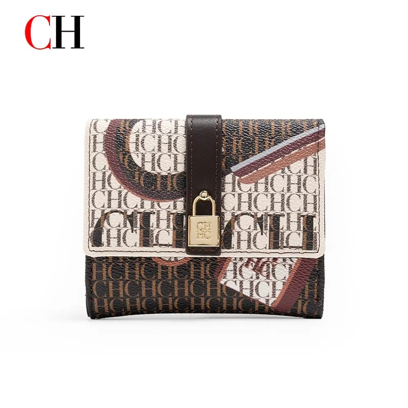 CH Women Short Wallet Vintage Printed Coin Purse Small Leather Wallet Card Holder Foldable Clutch Purse with Lock Buckle