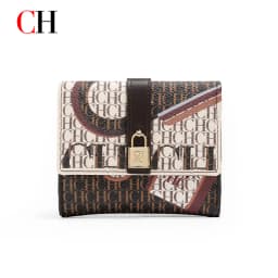 CH Women Short Wallet Vintage Printed Coin Purse Small Leather Wallet Card Holder Foldable Clutch Purse with Lock Buckle
