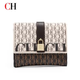 CH Women Short Wallet Vintage Printed Coin Purse Small Leather Wallet Card Holder Foldable Clutch Purse with Lock Buckle