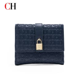 CH Women Short Wallet Vintage Printed Coin Purse Small Leather Wallet Card Holder Foldable Clutch Purse with Lock Buckle