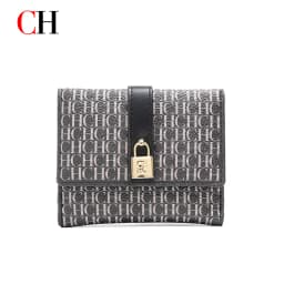 CH Women Short Wallet Vintage Printed Coin Purse Small Leather Wallet Card Holder Foldable Clutch Purse with Lock Buckle