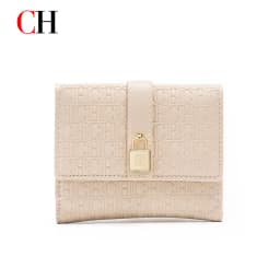 CH Women Short Wallet Vintage Printed Coin Purse Small Leather Wallet Card Holder Foldable Clutch Purse with Lock Buckle
