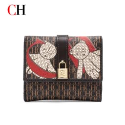 CH Women Short Wallet Vintage Printed Coin Purse Small Leather Wallet Card Holder Foldable Clutch Purse with Lock Buckle