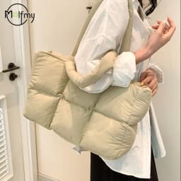 Women Tote Handbags Quilted Plaid Bag Retro Trendy Checkered Waterproof Shoulder Bag Solid Color Winter Soft Large Capacity Bags
