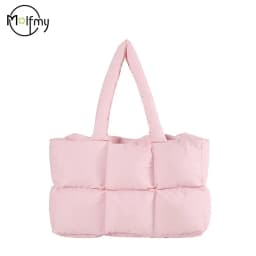 Women Tote Handbags Quilted Plaid Bag Retro Trendy Checkered Waterproof Shoulder Bag Solid Color Winter Soft Large Capacity Bags