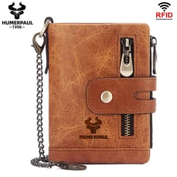 HUMERPAUL100% Genuine Cowhide Leather Wallet For Men Short RFID Money Purse Card Holder Double Zipper Bifold Coin Pocket