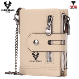 HUMERPAUL100% Genuine Cowhide Leather Wallet For Men Short RFID Money Purse Card Holder Double Zipper Bifold Coin Pocket