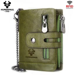 HUMERPAUL100% Genuine Cowhide Leather Wallet For Men Short RFID Money Purse Card Holder Double Zipper Bifold Coin Pocket
