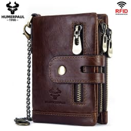 HUMERPAUL100% Genuine Cowhide Leather Wallet For Men Short RFID Money Purse Card Holder Double Zipper Bifold Coin Pocket