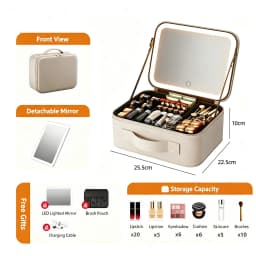 3 Color Train Case Mirror, White Portable Makeup Case Waterproof Organizer with Adjustable Dividers, Cosmetics Storage Case Gift