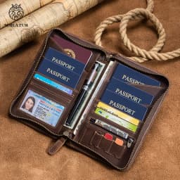 Passport Holder for Travel Family with Strap Genuine Leather RFID Blocking Travel Document Organizer Wallet with Pen Holder