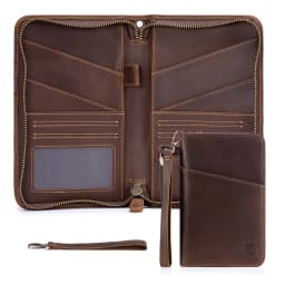 Passport Holder for Travel Family with Strap Genuine Leather RFID Blocking Travel Document Organizer Wallet with Pen Holder