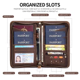 Passport Holder for Travel Family with Strap Genuine Leather RFID Blocking Travel Document Organizer Wallet with Pen Holder