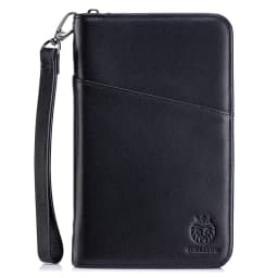 Passport Holder for Travel Family with Strap Genuine Leather RFID Blocking Travel Document Organizer Wallet with Pen Holder