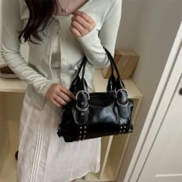 Vintage Style PU Leather Women Shoulder Bag Large Capacity High Quality Fashion Rivet Handbag Daily Use Y2K Motorcycle Bag