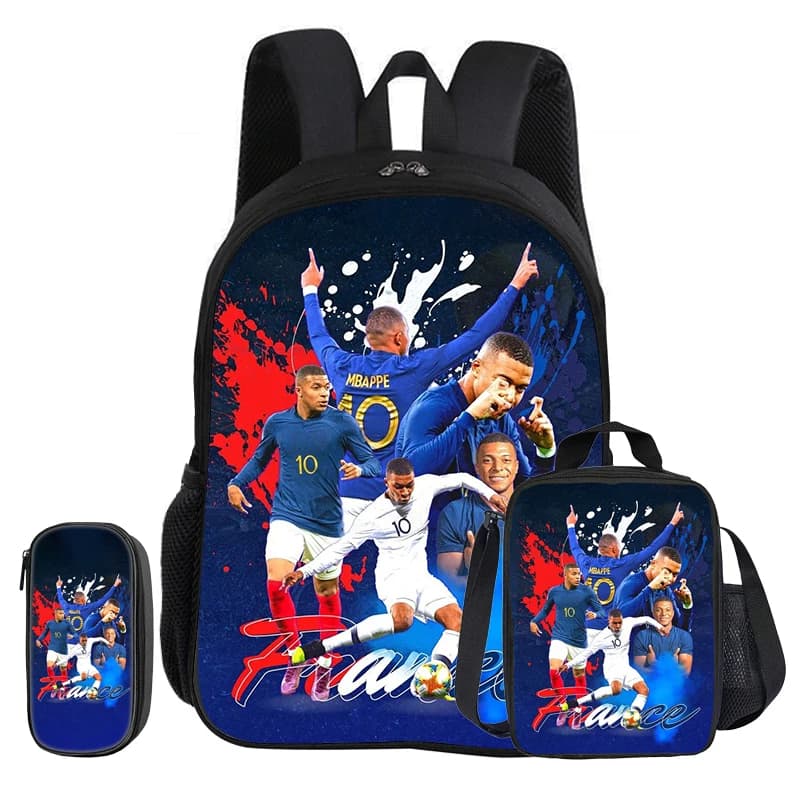 M-Mbappe 3Pcs Set School Backpack Football Star child Rucksack Pencil Bags Bookbag with Lunch bag Sports Knapsack Kids Gift