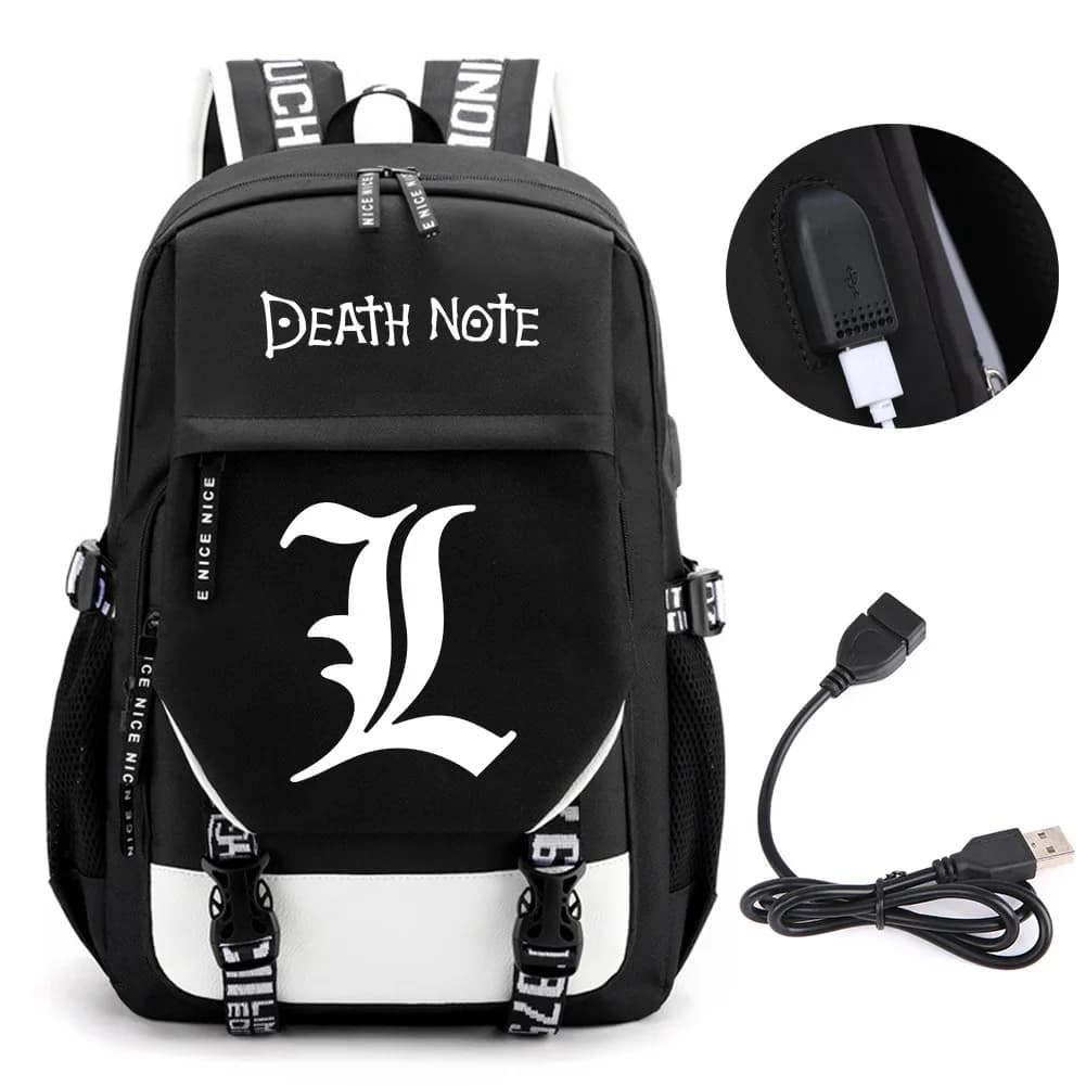 Anime Death Note Backpack School Book Bags Mochila Travel USB Port Bag Laptop Boy Girls Gift