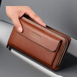Luxury Men's Wallet with Double Zipper & Money Clip Large Capacity RFID Blocking Clutch Bag for Phone/Cards/Coins Purse for Men