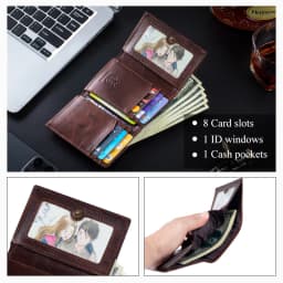 RFID Blocking Genuine Leather Wallet for Men Vintage Thin Trifold Credit Card Holder With ID Window Bill Compartment
