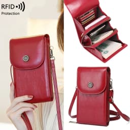 Retro Oil Wax Leather Mobile Phone Bag, RFID, Anti-theft, Brush, Vertical Shoulder Bag, Fashion Crossbody Wallet