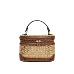 2026 Spring/Summer Woven Straw Bag for Women, Raffia Beach Vacation Handbag, Vintage Straw Box-Shaped Cosmetic Bag, Brown Faux Leather Trimmed Bag, Embellished with Stitching Details, Metal Double Zipper Closure, Suita