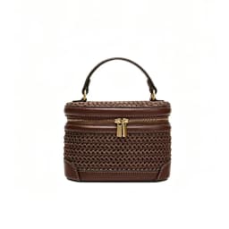 2026 Spring/Summer Woven Straw Bag for Women, Raffia Beach Vacation Handbag, Vintage Straw Box-Shaped Cosmetic Bag, Brown Faux Leather Trimmed Bag, Embellished with Stitching Details, Metal Double Zipper Closure, Suita